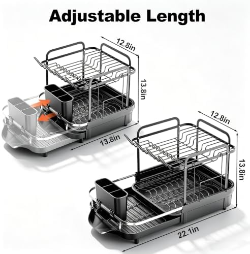 Expandable Stainless Steel 2-Tier Large Capacity Dish Drying Rack, Auto Drain Kitchen Counter Drainer with Rotatable Multi-Slot, Drainboard, Utensil, Cup Cutting Board Holder, 15"-22.4" Adjustable - Image 3