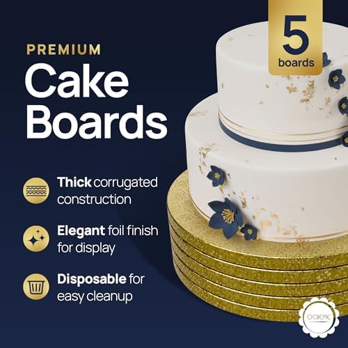 O'Creme Round Cake Drum Board, Gold Foil, 8 Inch, 1/2" Thick, 5 Pack | Sturdy disposable cake drums feature a gorgeous gold foil design, perfect for presentation and transport of decorated cakes. - Image 2