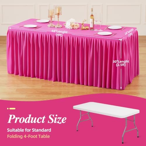 PARTISKY 1 Pack Hot Pink Tablecloths for Rectangle Tables 4ft, Wrinkle Resistant Spandex Table Cover Fitted Stretch Table Cloth with Pleated Ruffle Skirts for Party Banquet Dining Birthday Wedding - Image 3