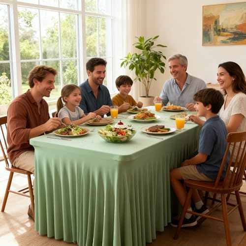 Wish Care 6 Pack Sage Green Spandex Table Clothes for 8 Foot Rectangle Tables, 8FT Wrinkle Free Fitted Tablecloths Ruffles Design Table Cloth for Party, Banquet, Wedding and Events - Image 6
