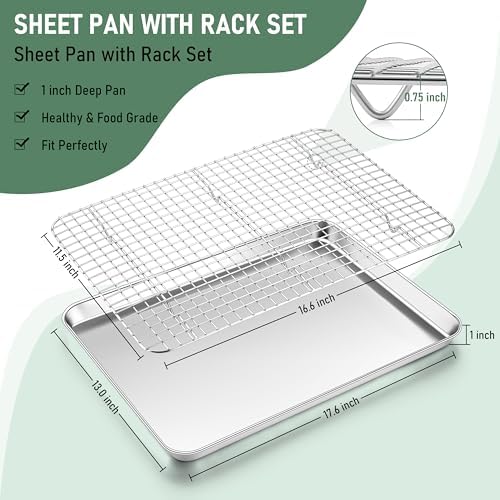 Homikit Half Baking Sheet with Wire Rack (1 Pan+1 Cooling Rack), 18" x 13" | Stainless Steel Cookie Sheet Pan with Cooling Rack Set, Large Bacon Tray for Oven Baking Cooking Roasting, Dishwasher Safe - Image 2