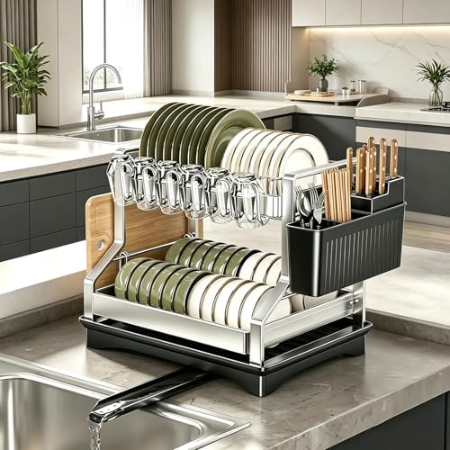 2 Tier Dish Drying Rack Stainless Steel Dish Rack Kitchen Counter by mfanchan