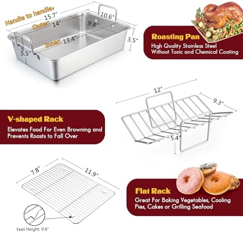 E-far 14 x 10.6 Inch Roasting Pan, Stainless Steel Turkey Roaster with V Rack & Baking Rack Set, Small Heavy Duty Deep Broiling Pan for Oven Cooking Lasagna Meat Chicken - Dishwasher Safe - Image 2