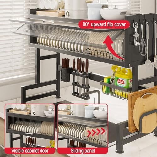 Over Sink Dish Drying Rack 2 Tier Stainless Steel Dish Drainer with Cover and Utensil Holders Large Capacity Space Saving Kitchen Organizer - Image 5
