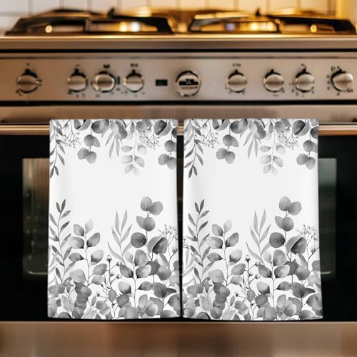 Black Eucalyptus Kitchen Towels Set of 3, Absorbent Dish Towels for Kitchen, Botanical Summer Leaves Country Floral Microfiber Hand Towel, Quick Drying Tea Towel for Cleaning Decorative Dishcloths by Unknown