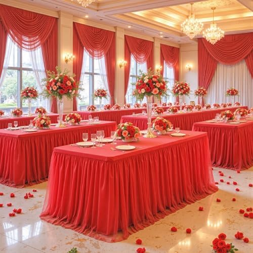 Suppromo Red Tulle Tablecloth for 4 Foot Rectangular Tables, 48 x 24 Inch Red Rectangle Table Cloth, Wrinkle Free Table Cover with Tutu Skirt for Wedding Birthday Party Banquet Tablecover - Image 4
