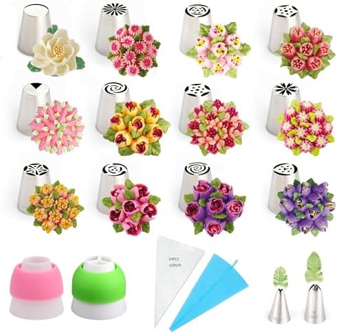 27 Pieces Small Stainless Steel Russian Flower Icing Tips Kit by ChooYes
