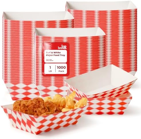 Fit Meal Prep 1000 Pack 1 lb Paper Food Boats Heavy Duty Disposable Trays, Red Check For Parties Fairs Picnics Carnivals, Holds Ketchup Cheese Sauce Pickles Grease Resistant by FMPBRANDS