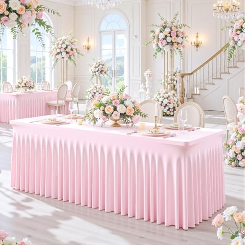 gogoparti 4 Pack Spandex Pink Fitted Table Cloth for 8ft Rectangle Tables Pink Stretch Tablecloth Table Covers Skirt Banquet Tablecloths Wrinkle Free Tablecloth for Parties Wedding - Image 2