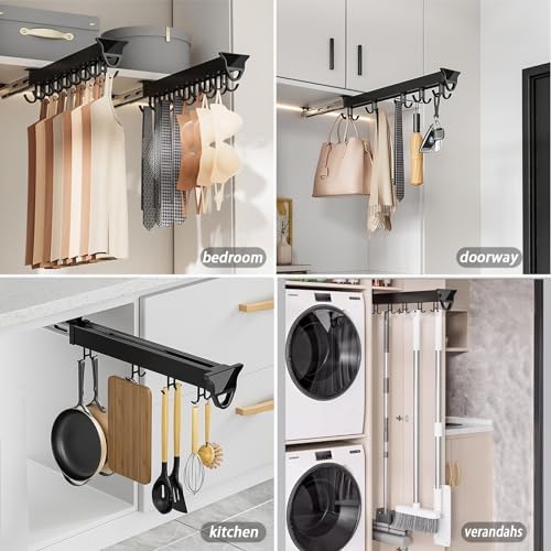 Hanging Pot Rack with 10 Hook for Cabinet 22" Pull Out Pot and Pan organizer Adjustable Pot Racks with Sliding Rail Storage Utility Rack Used for Kitchen/Closet/Cupboard,Load 75LBS - Image 4