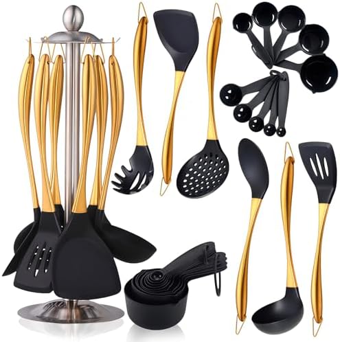 Silicone Cooking Utensils Set, 17pcs Kitchen Utensil Set with Rotatable Holder, Heat-Resistant Silicone Utensils for Cooking, Non-Stick Spatula Set with Stainless Steel Handle,Turner,Ladle (Gold) by Blithely