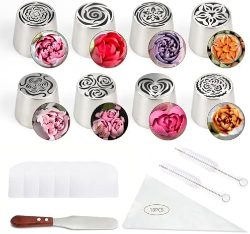 26-Piece Extra Large Russian Piping Nozzles Set Stainless Steel Rose Tulip Piping Tips, 8 Nozzles 2 Brushes 10 Piping Bags 1 Spatula 5 Scraper Cake Decorating Baking Tools (XXL, 22Piece) by Baipesiy