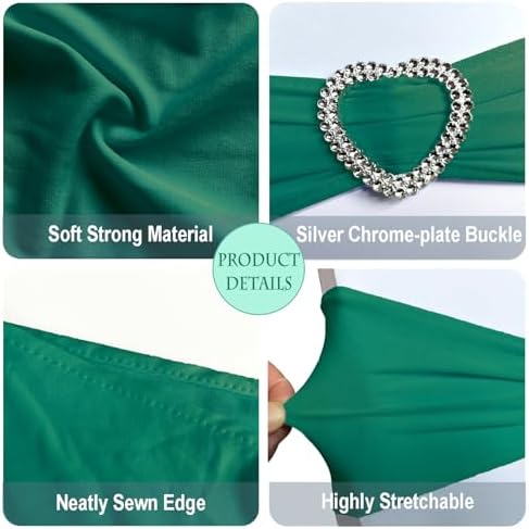 Dark Green Chair Sashes 100 Pack Spandex Green Chair Sashes Bows with Heart Buckle Slider for Wedding Banquet Party Decorations - Image 3