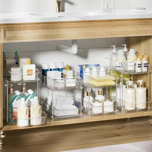 Delamu 2-Tier Under Sink Organizers and Storage, Multi-Purpose Stackable Bathroom Cabinet organizers, Pull Out Kitchen Pantry Organization and Storage with Dividers(4 Pack, Clear) - Image 2