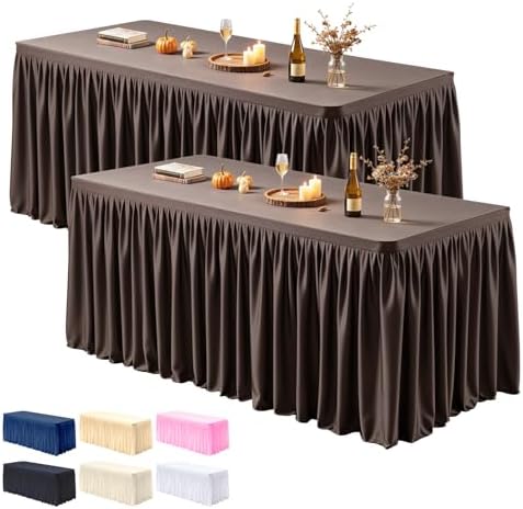 PARTISKY 2 Pack Chocolate Tablecloths for Rectangle Tables 6ft, Wrinkle Resistant Spandex Table Cover Fitted Stretch Table Cloth with Pleated Ruffle Skirts for Party Banquet Dining Birthday Wedding by Partisky