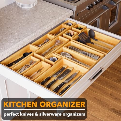 SpaceAid 14-Piece Bamboo Drawer Organizer Storage Boxes Set, Wood Tray Junk Drawer Organizers Multi-Use Divider Bins for Kitchen, Bathroom, Office Desk and Makeup Organization (14 Pack, Natural) - Image 4