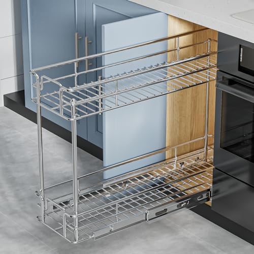 ROOMTEC Pull Out Spice Rack for Narrow Cabinet (8½" W X 21" D),2 Tier Slide Out Cabinet Organizer and Pull Out Shelves Under Cabinet Storage for Kitchen, Chrome - Image 4