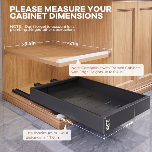 Seinloes 4 Pack Expandable (9"-14") Pull Out Cabinet Organizer 21" Deep With Raising Pad for Framed Cabinets,Upgrade 3 Slide Rails Slide Out Drawers,No Drill Roll Out Shelves Adhesive,Black - Image 3