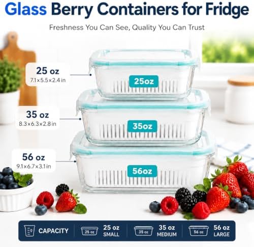 Glass Berry Container for Fridge, 3 Pack, 56oz 35oz 25oz, with Removable Colander and Vent Valve, Fresh Produce Storage Set - Image 2