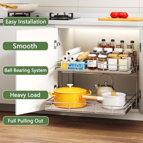 2 Tier Individual Pull Out Cabinet Organizer 31½" W x 21½" D, Heavy Duty Cabinet Pull Out Shelves, Slide Out Drawers Organization for Kitchen Cabinets Bathroom - Image 2