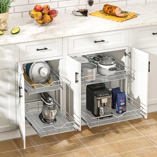WelFurGeer 2-Tier Kitchen Cabinet Pullout Shelf and Drawer Organizer, Soft Close Pantry Pull Out Shelves, Heavy Duty Pull Out Cabinet Organizer with Shelf Liner for Kitchen Cabinets, Pantry Storage - Image 2