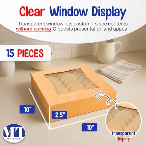 MT Products Kraft Pie Boxes 10" x 10" x 2.5" - Auto Pop-Up Bakery Cake Boxes with Window (Pack of 15) - Made in the USA - Image 2