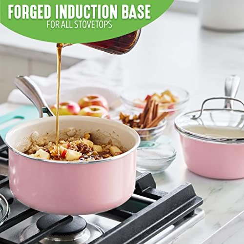 GreenLife Artisan Healthy Ceramic Nonstick, 1QT and 2QT Saucepan Pot Set with Lids, Stainless Steel Handle, Induction, PFAS-Free, Dishwasher Safe, Oven Safe, Pink - Image 2