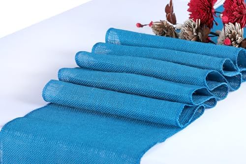 MDS® Pack of 12 Natural Burlap Table Runner, 12 x 108 Inch, Jute Rustic Farmhouse Boho Table Decor for Wedding Reception, Dining Table, Bridal Shower, Baby Shower & Party Decorations - Teal - Image 2