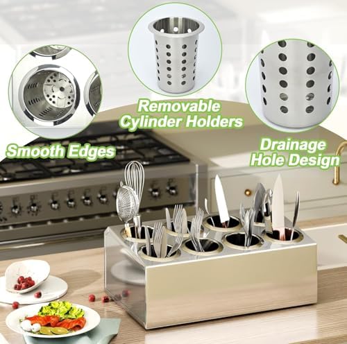 tonchean 8-Hole Compartment Large Capacity Countertop Cutlery Rack, Commercial Stainless Steel Utensil Organizer with Drainage Function, Metal Cutlery Storage Box for Kitchens, Silver - Image 4