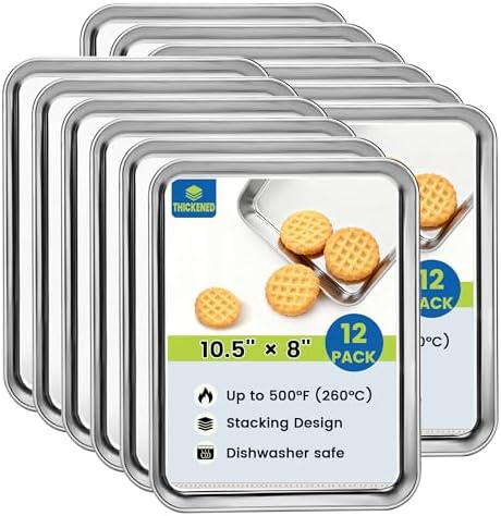 BIEAMA 12 Pack Stainless Steel Toaster Oven Baking Sheets, 10.5 x 8 in | Stainless steel pans with no chemical coating, mirror-polished finish and rolled edges; dishwasher safe, oven safe to 500°F. by BIEAMA