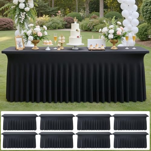 8 pk Black Spandex Tablecloth 6ft with Ruffled Skirt,Wrinkle Free High Stretch Fitted Tablecloths for 6 Foot Rectangle Tables,Pleated Elastic Spandex Table Covers 6ft for Parties Wedding Banquet by ENJOYYOURPARTY