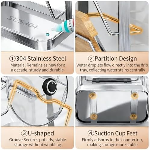 304 Stainless Steel Pot Lid Holder ＆ Spoon Rest While Cooking, Kitchen Storage Rack, Stove Top Organizer for Pan Lids, Multifunctional Cover Stand with Removable Drip Tray - Image 5