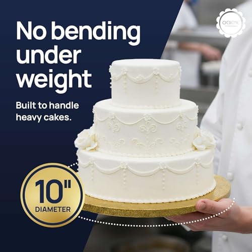 O’Creme Cake Board, Gold Foil Round Cake Circles with Gorgeous Design, Sturdy & Durable 1/2” Thick Cake Drums, Round Cake Boards with 10” Diameter, Pack of 5 Disposable Cake Drums - Image 3