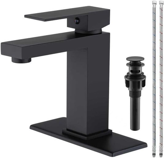 Matte Black Bathroom Faucet Single Handle Bathroom Vessel Sink Faucet 1 Hole Modern Stainless Steel Vanity Faucet for Bathroom Sink with Pop Up Drain Stopper & Water Supply Hoses