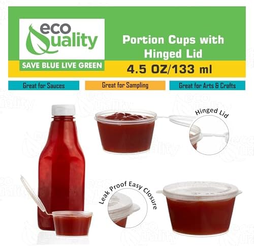 EcoQuality 4.5 Oz Leak Proof Portion Cups with Lids - Plastic Condiment Souffle Containers with Attached Hinged Lid - Perfect for Sauce Cup, Sample Cup, Slime Cup, Jello Shot Cups with Lids - Image 4