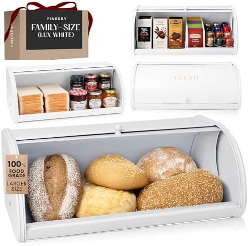 FINESSY Large Bread Box Roll Top, White Metal Bread Box For Kitchen Counter | Bread Box For Homemade Bread, Holds Two Loaves, Bagels & Muffins. White Metal Bread Box With Roll Top Lid 17.3 × 10.4 × 6.8 by Finessy