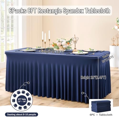 leegleri 6 Pack Navy Blue Spandex Tablecloths for 8 Foot Rectangle Tables, Wrinkle Free Fitted Table Cloths 8ft Stretchy Table Cloth Cover with Skirt for Parties Weddings Birthday Banquet Baby Shower - Image 6