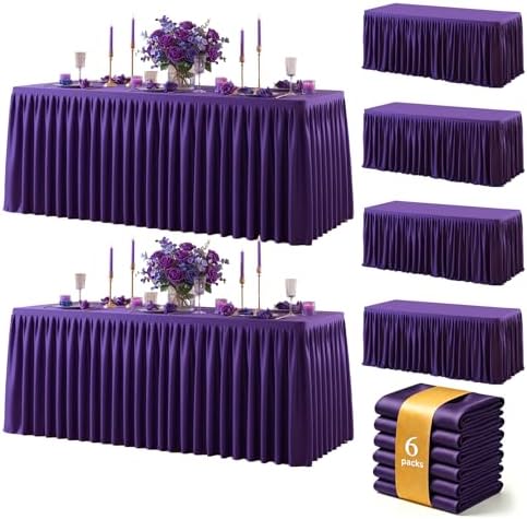Purple Polyester Table Cloths for Rectangle 8 Foot Tables, 6 Pack Wrinkle Free Tablecloths Stretchy Banquet Ruffle Fitted Table Cover Desk Skirt for Parties Wedding Birthday Baby Shower by Unknown