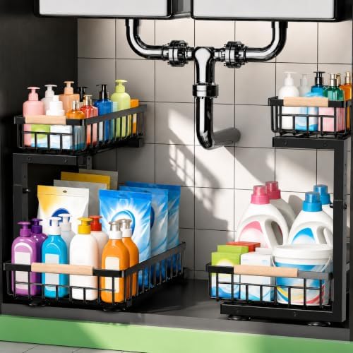 Under Sink Organizer 2 Pack, Double Slide Out Metal Shelf, Black by Unknown