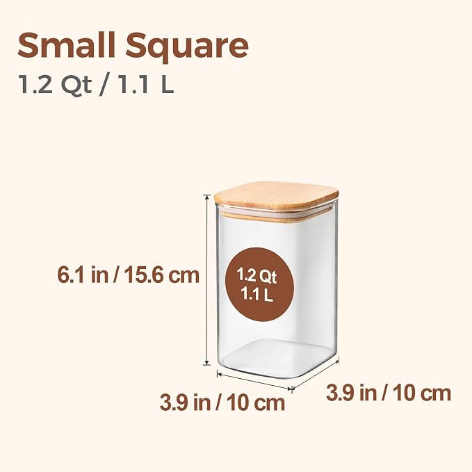 ComSaf Square Glass Containers with Lids 1.2 Qt, Set of 4 Pantry Glass Jars | Kitchen Glass Pantry Storage Containers, Storage Canisters, Silicone Seal, Dry Food, Cookie, Flour, Spice, Coffee, BPA Free - Image 2