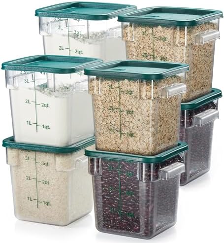 CURTA 8-Pack 4 Qt NSF Clear Polycarbonate Food Storage Containers with Green Lids - Square, Commercial-Grade, Freezer & Dishwasher Safe, Stackable by CURTA