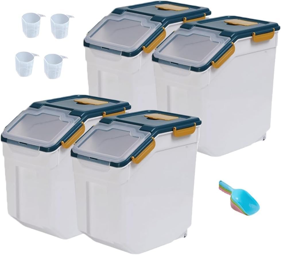 25LB Large Flour Storage Container Bin,4 Pack Airtight Plastic with Wheels Seal Locking Lid Dispenser Organizer Storage Bin with Measuring Cup & Scoop for Flour, Rice, Grain 100LBS Total by YXQ