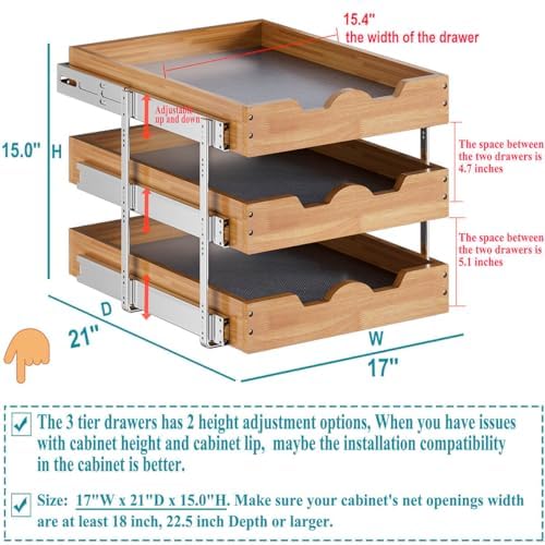 OCG Pull Out Cabinet Drawer 17" W x 21" D, 3 Tier Pull Out Cabinet Organizer, Heavy-Duty Slide Out Drawer for Cabinets, Organization for Kitchen, Pantry, Bathroom - Image 2