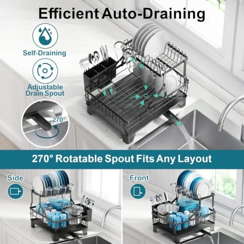 GSlife Dish Rack for Kitchen Counter - 2 Tier Dish Drying Rack, Black - Image 4