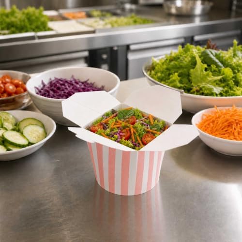 Restaurantware Bio Tek 4 x 3.4 x 3.7 Inch Food Containers, 200 Noodle Takeaway Boxes - Disposable, Striped, Pink And White Paper 26 Ounce Take Out Boxes, Round, For Hot Or Cold Foods - Image 3
