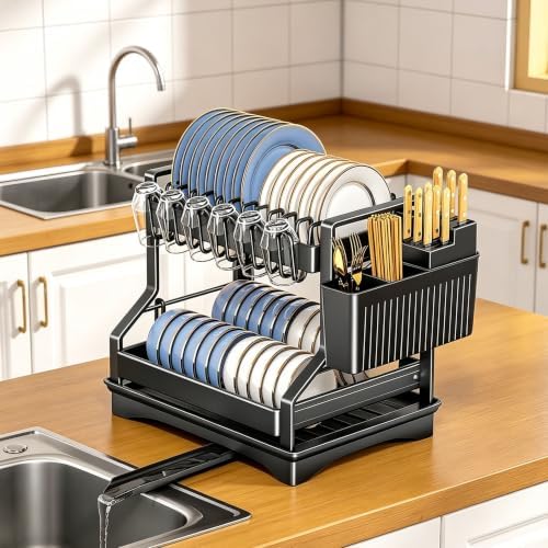 Black 2 Tier Dish Drying Rack Stainless Steel for Kitchen Counter - Image 4