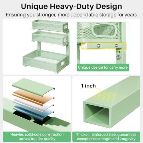Kitstorack Under Sink Organizer, 2-Pack 3-Tier Height Adjustable Thickened Metal Pull out Cabinet Organizer Shelf, Slide out Storage Drawer Rack for Bathroom Kitchen Pantry Home Organization, Green - Image 6