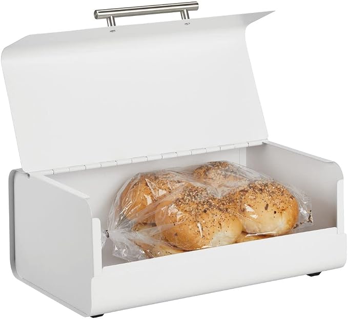 mDesign Metal Bread Box Bin with Hinged Lid - for Kitchen Countertop, Island and Pantry - Large Capacity Storage, Vintage-Inspired Design - Multi-Purpose Storage Container for Home - Matte White by mDesign