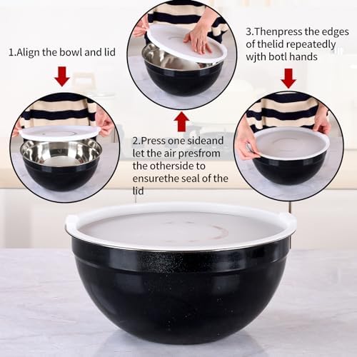 Black Mixing Bowls with Lids Set of 7, Stainless Steel Nesting Bowl with Khaki Lid for Non-slip Mixing Prepping Storing Serving, 7 Sizes-7/3.6/2.7/2.1/1.5/1/0.8 QT - Image 3