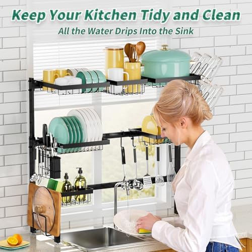 Over The Sink Dish Drying Rack,Expandable Length 3-Tier Large Stainless Steel Over The Sink Dish Rack with 6 Baskets, Utensil Holder Dish Drainers for Kitchen Counter - Image 6